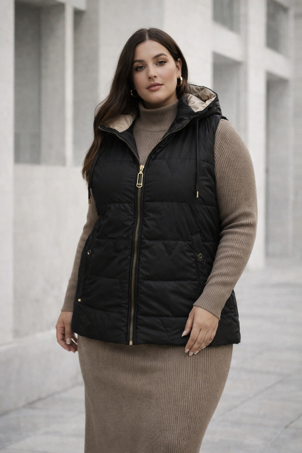 Vestă neagră pentru femei, până la șolduri