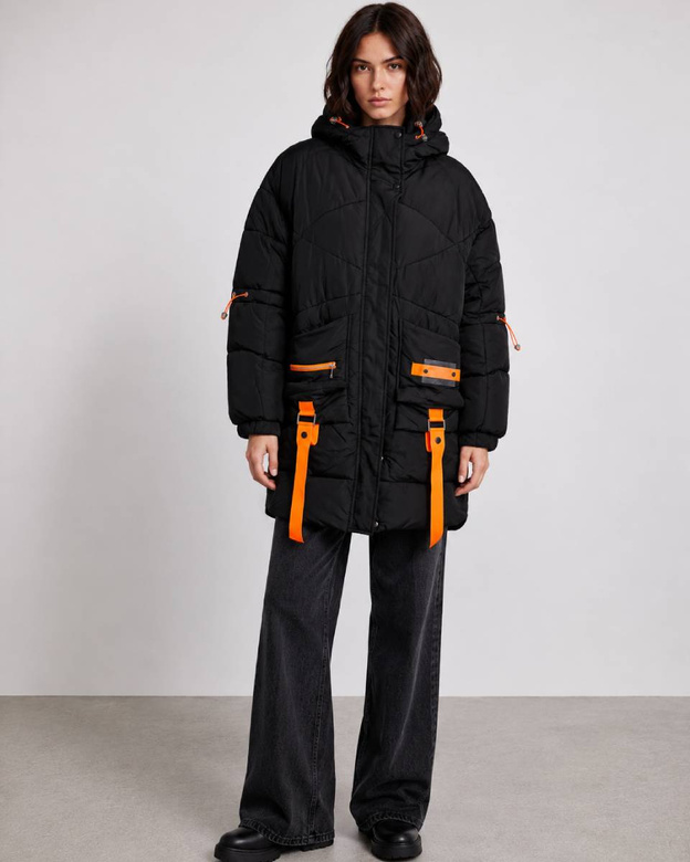 Jachetă neagră tip puffer, oversize, cu glugă
