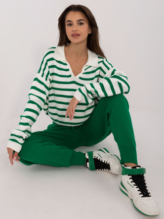 Set compus din pulover cu dungi și pantaloni cu manșete, verde-ecru