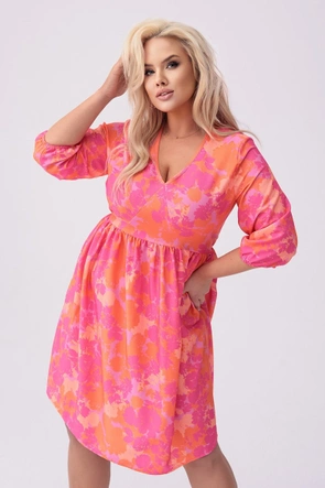 Rochie plus size cu imprimeu floral roz-portocaliu