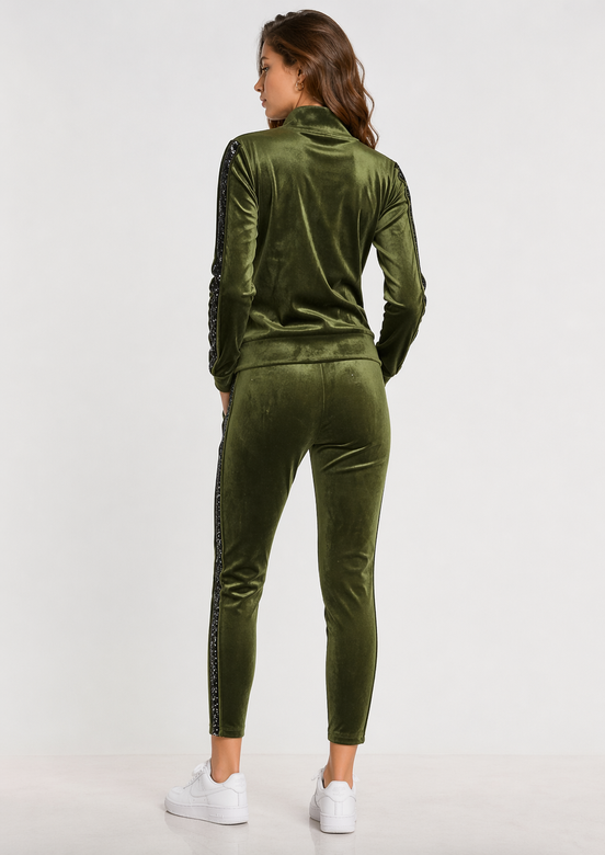 Set de trening verde din velur pentru femei – hanorac cu fermoar și guler ridicat + colanți 7/8 cu dungi