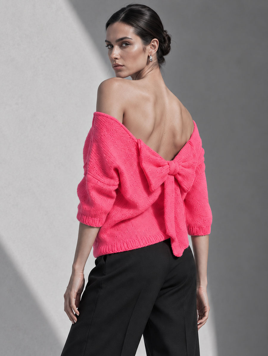 Pulover cu spate decorat, roz neon