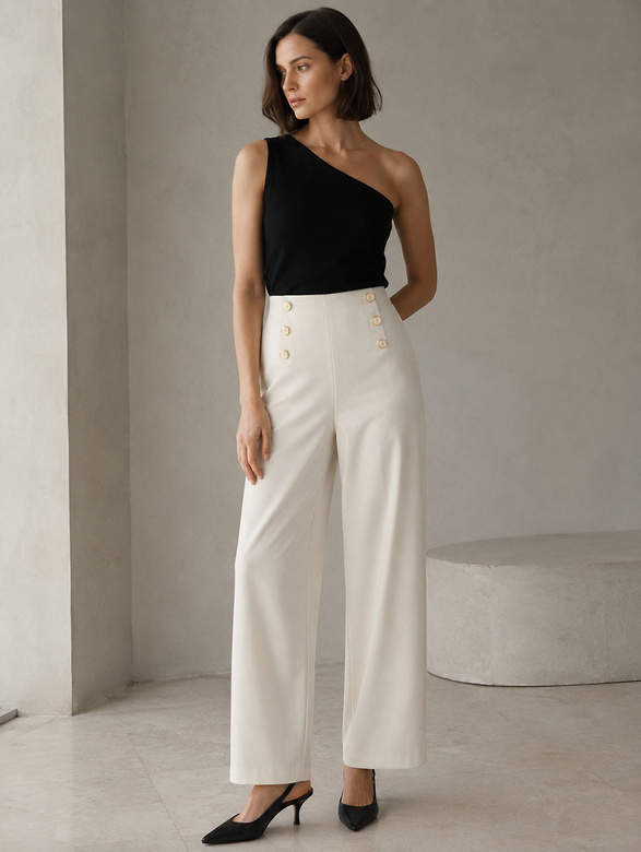 Pantaloni eleganți pentru femei, de culoare bej deschis, cu nasturi aurii