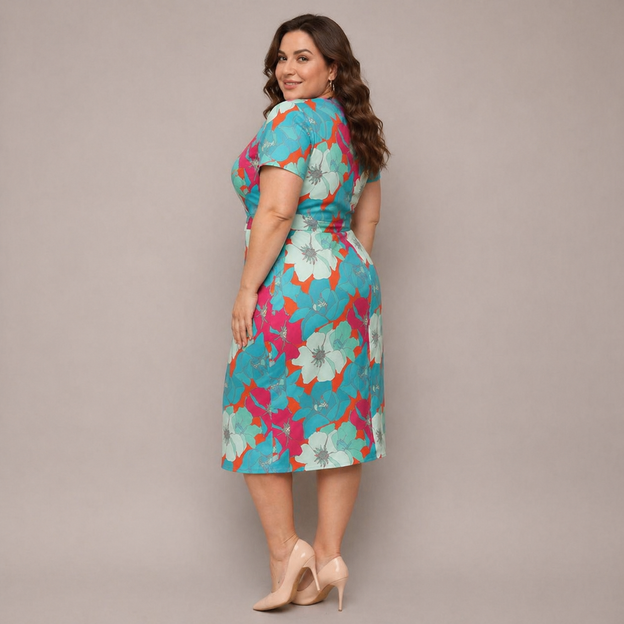 Rochie plus size cu decolteu tip plic, cu flori verzi și portocalii