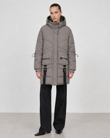 Jachetă puffer gri, oversize, cu glugă