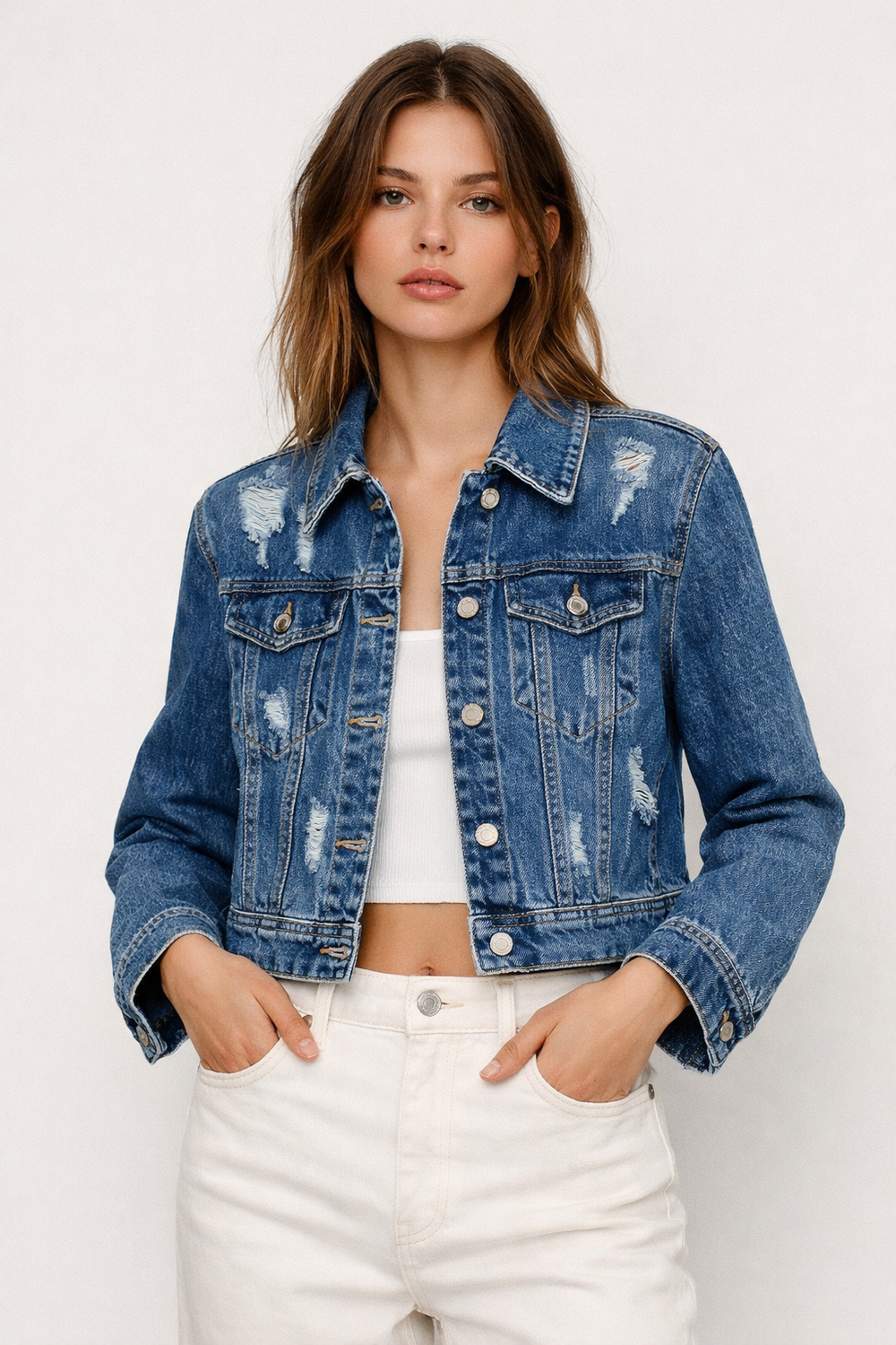 Jachetă clasică din denim, cu nasturi și buzunare