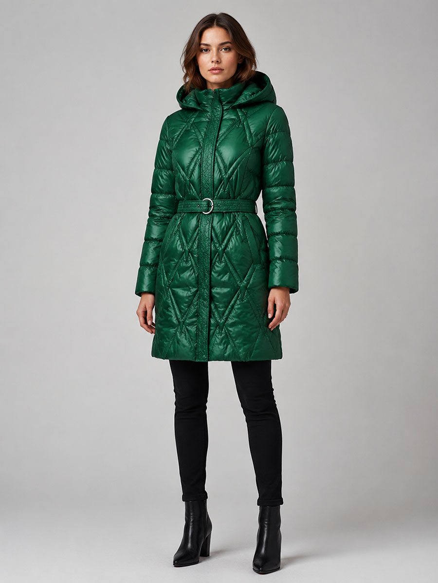 Palton matlasat verde de damă cu glugă detașabilă