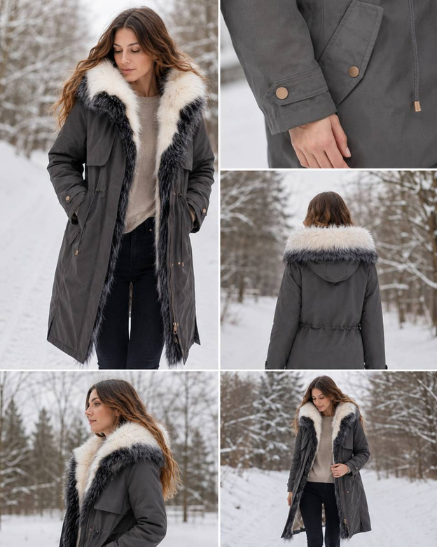 Jachetă lungă de iarnă din grafit, cu blană și glugă