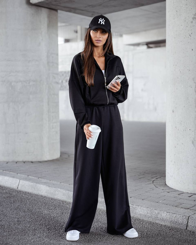Set confortabil negru pentru femei: hanorac + pantaloni largi