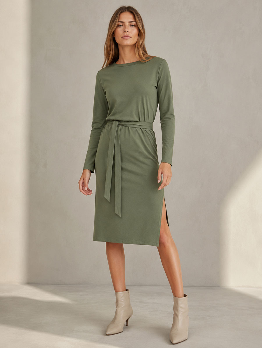 Rochie clasică din bumbac, cu mâneci lungi, de culoare kaki