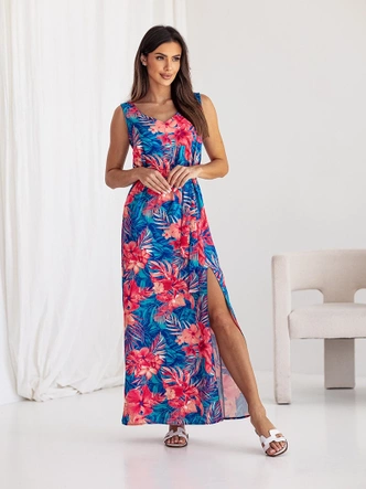 Rochie lungă cu curea și flori de culoarea coralului