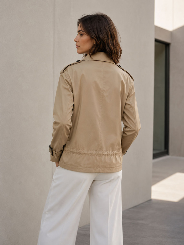 Un trench scurt, de culoare bej închis