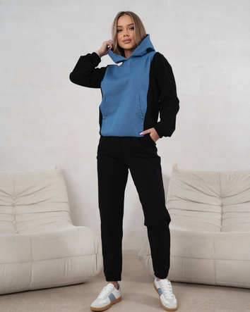 Set de trening albastru-negru cu glugă – hanorac larg cu buzunar tip cangur și pantaloni comozi