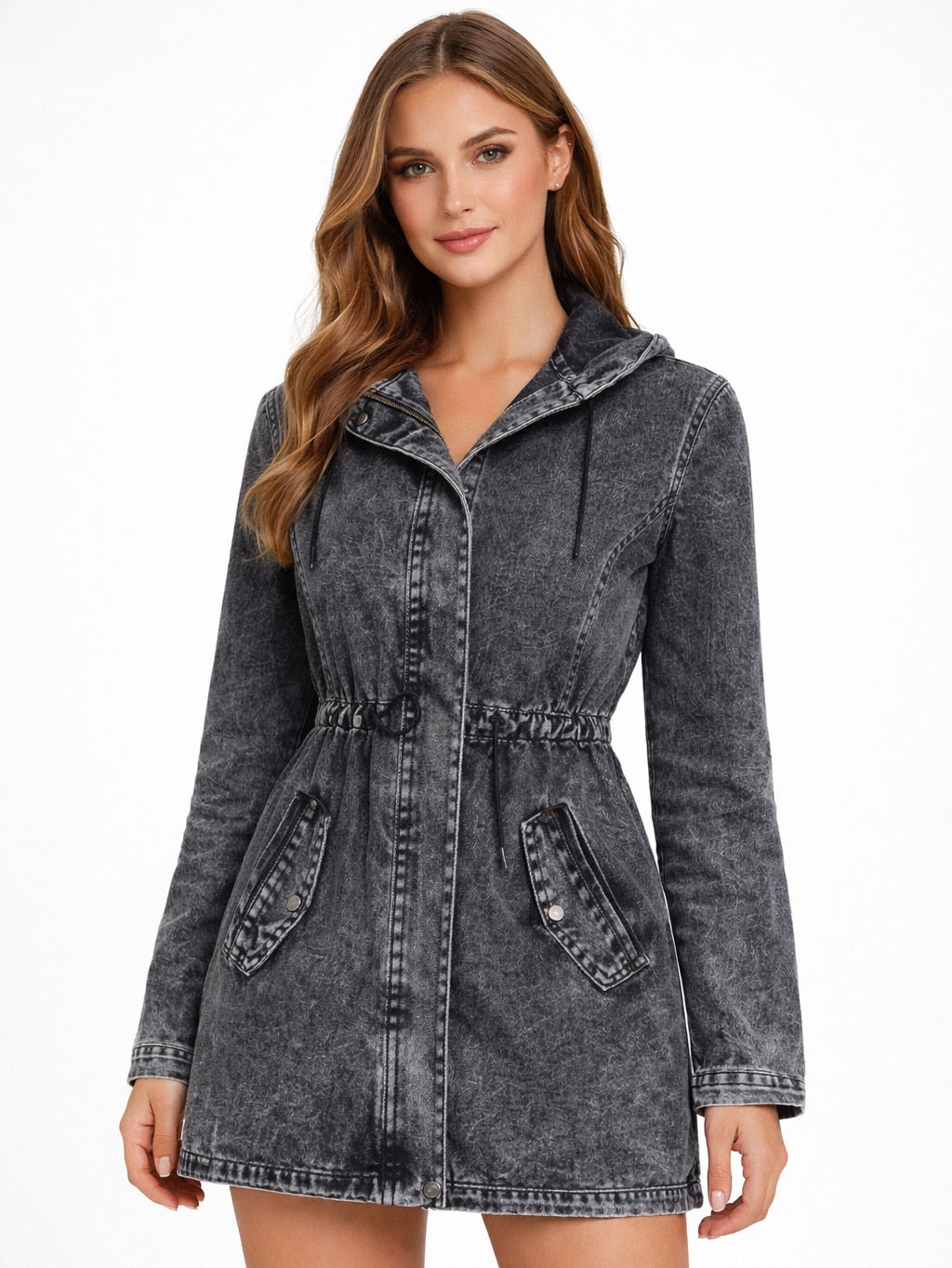 Jachetă casual din denim negru, cu glugă