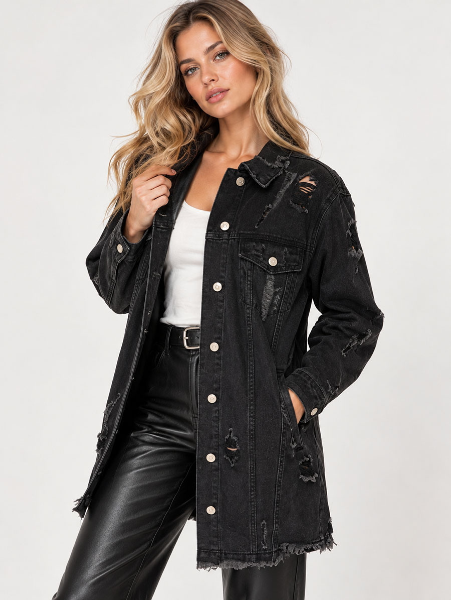 Jachetă neagră din denim cu nasturi