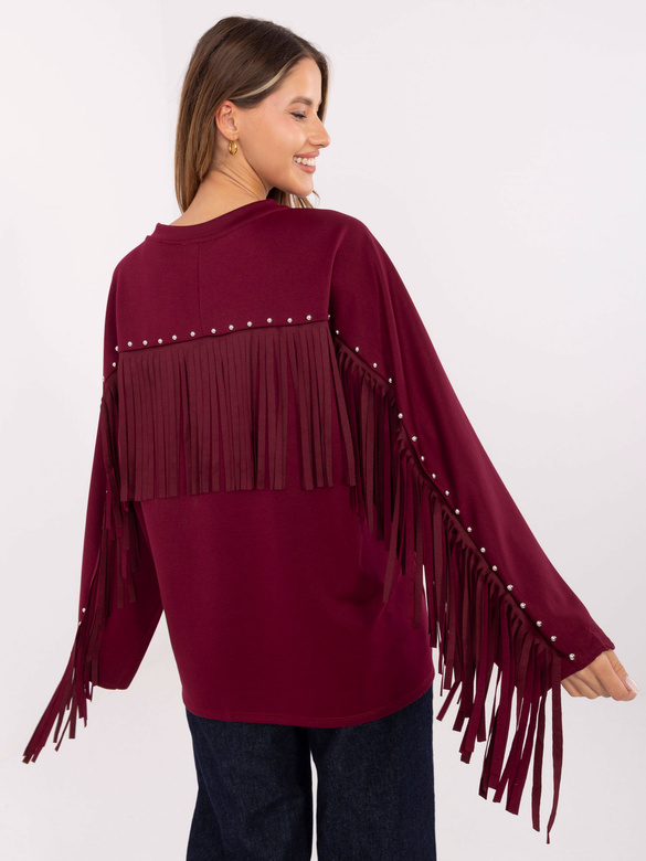 Hanorac oversized cu ținte și franjuri de culoare bordo
