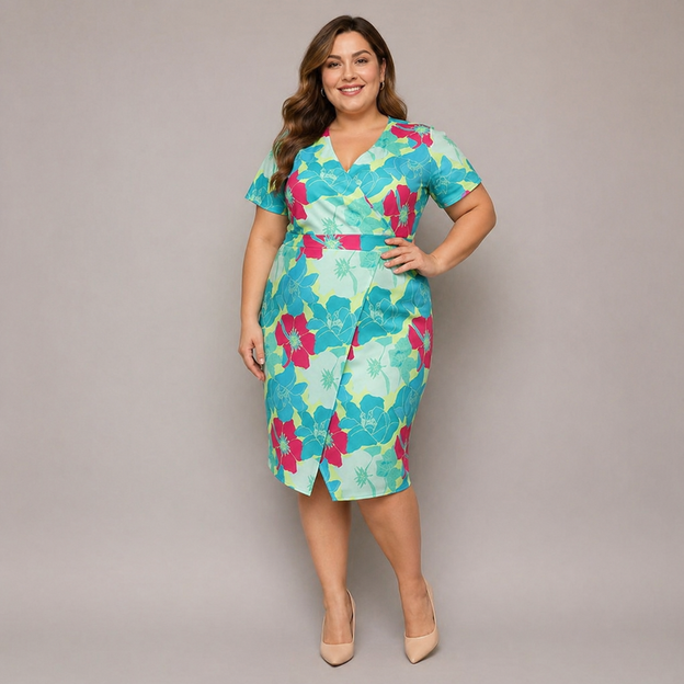 Rochie plus size cu decolteu tip plic, verde-fucsia, cu flori