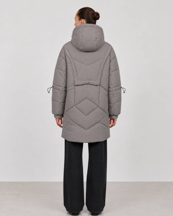 Jachetă puffer gri, oversize, cu glugă