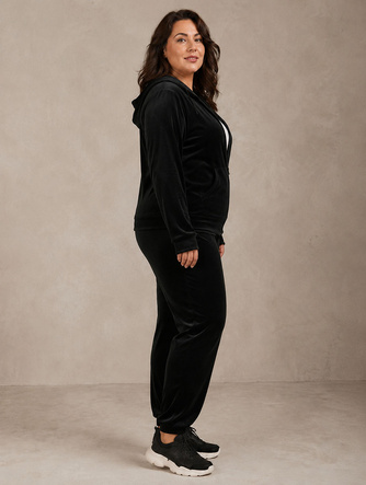 Set plus size: hanorac + pantaloni de trening din velur negru