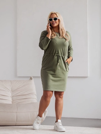 Rochie din bumbac de dimensiuni mari, cu mâneci 3/4, de culoare kaki