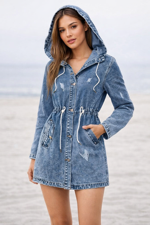 Jachetă din denim cu cordon la talie