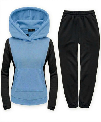 Set de trening albastru-negru cu glugă – hanorac larg cu buzunar tip cangur și pantaloni comozi