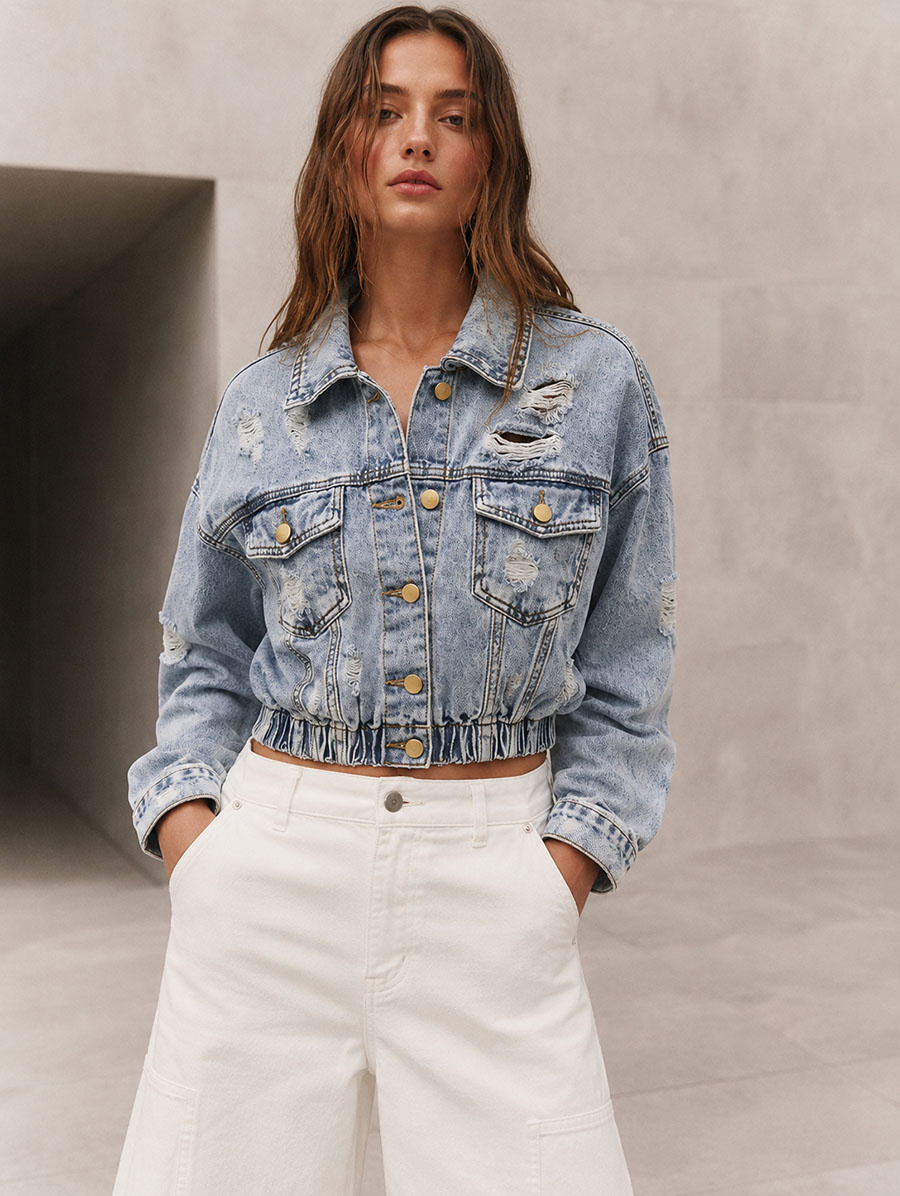 Jachetă scurtă din denim, de culoare albastru deschis