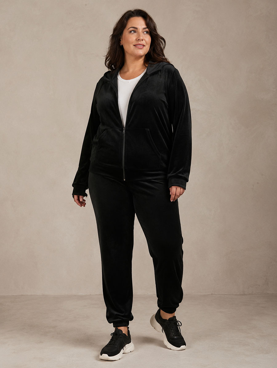 Set plus size: hanorac + pantaloni de trening din velur negru