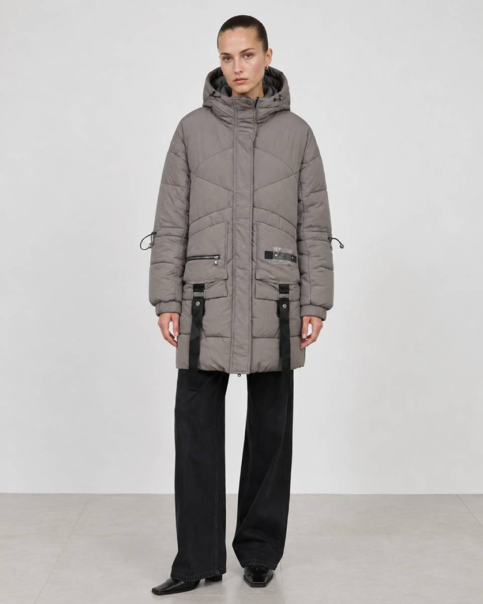Jachetă puffer gri, oversize, cu glugă
