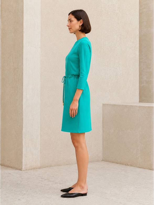 Rochie din bumbac de culoare turcoaz, cu mâneci 3/4