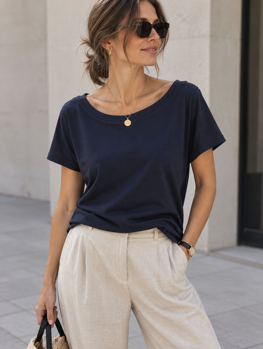 Tricou neted, de culoare bleumarin, cu mâneci scurte