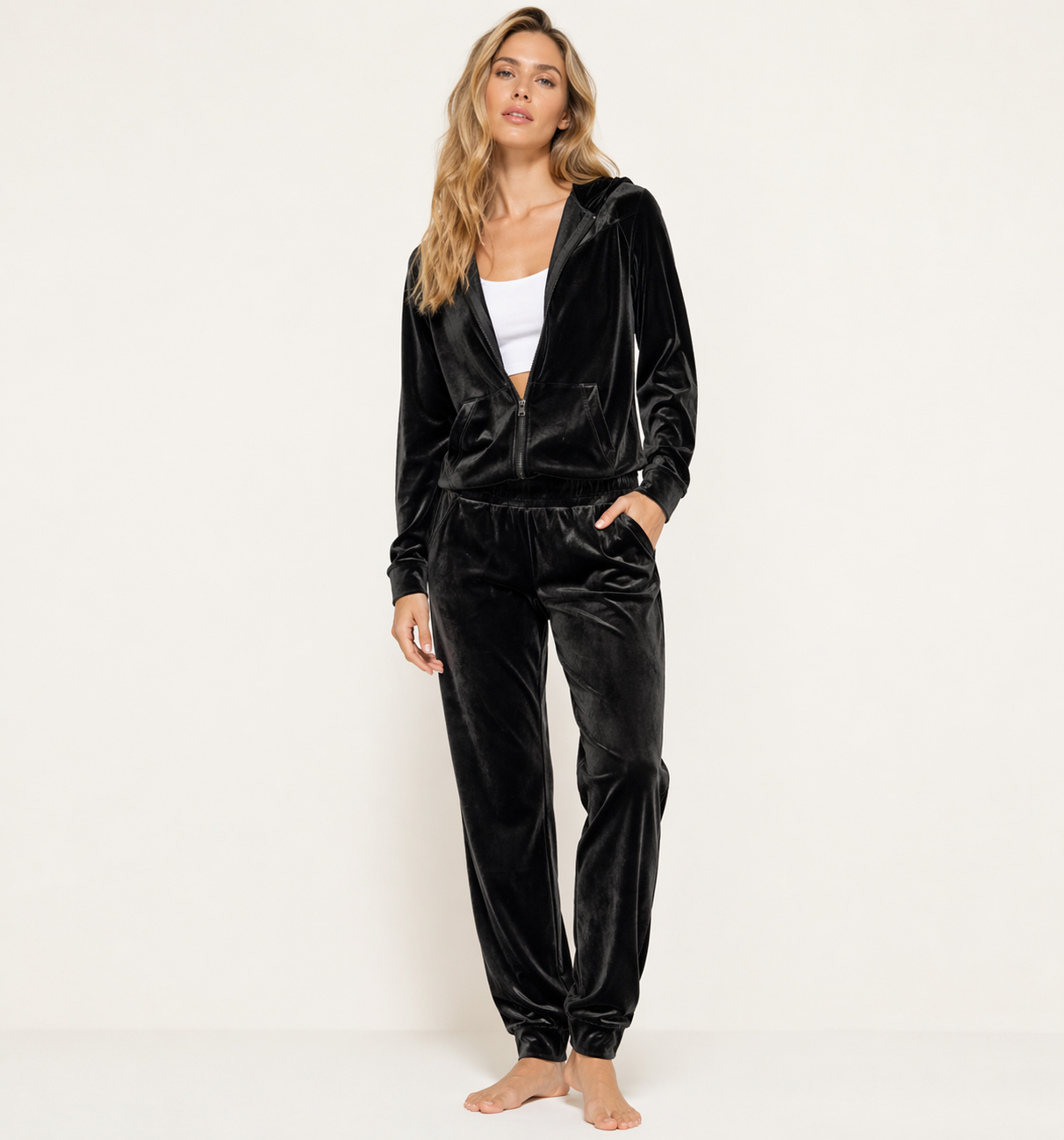 Trening de damă cu glugă și fermoar, negru – hanorac cu fermoar + pantaloni casual largi