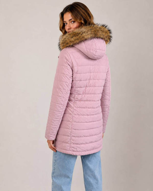 Jachetă de iarnă tip parka reversibilă, în culorile bleumarin și roz, cu glugă și blană detașabilă