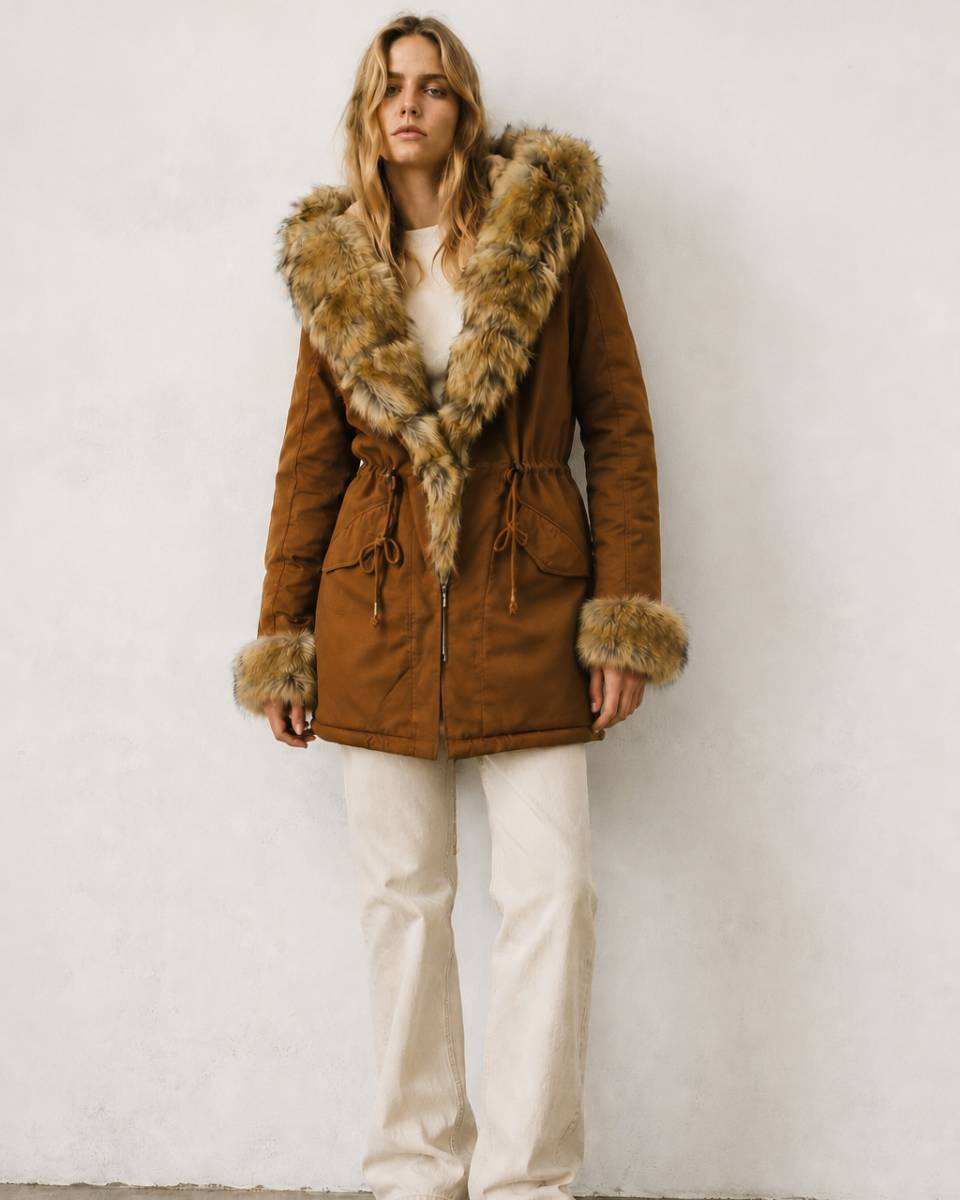 Parka de iarnă din bumbac, de culoare caramel, cu glugă și blană detașabilă
