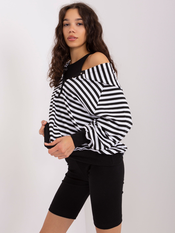 Set sportiv pentru femei, în trei piese, alb-negru – hanorac oversize, top și colanți cu dungi