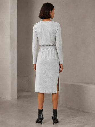Rochie clasică din bumbac, cu mâneci lungi, de culoare gri