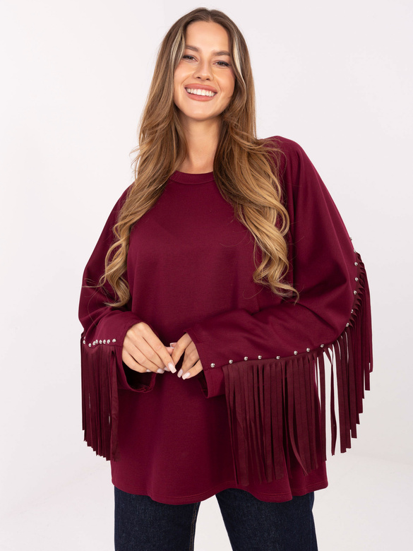 Hanorac oversized cu ținte și franjuri de culoare bordo