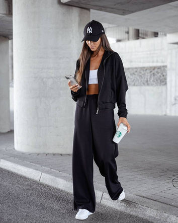 Set confortabil negru pentru femei: hanorac + pantaloni largi