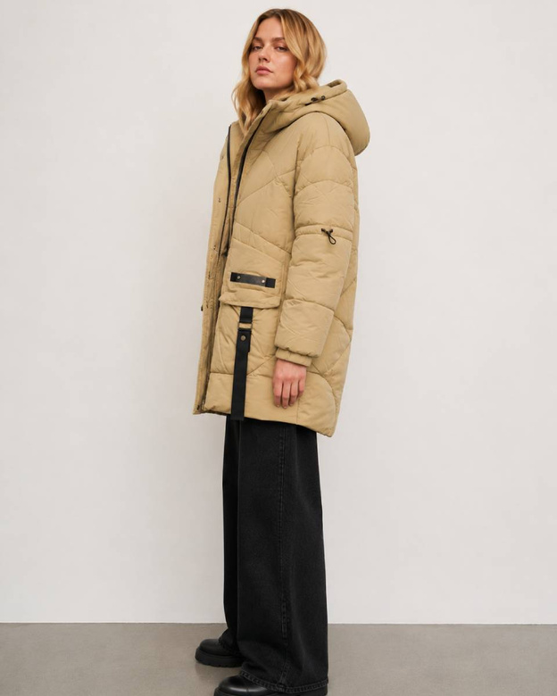 Jachetă puffer oversize cu glugă, de culoare camel