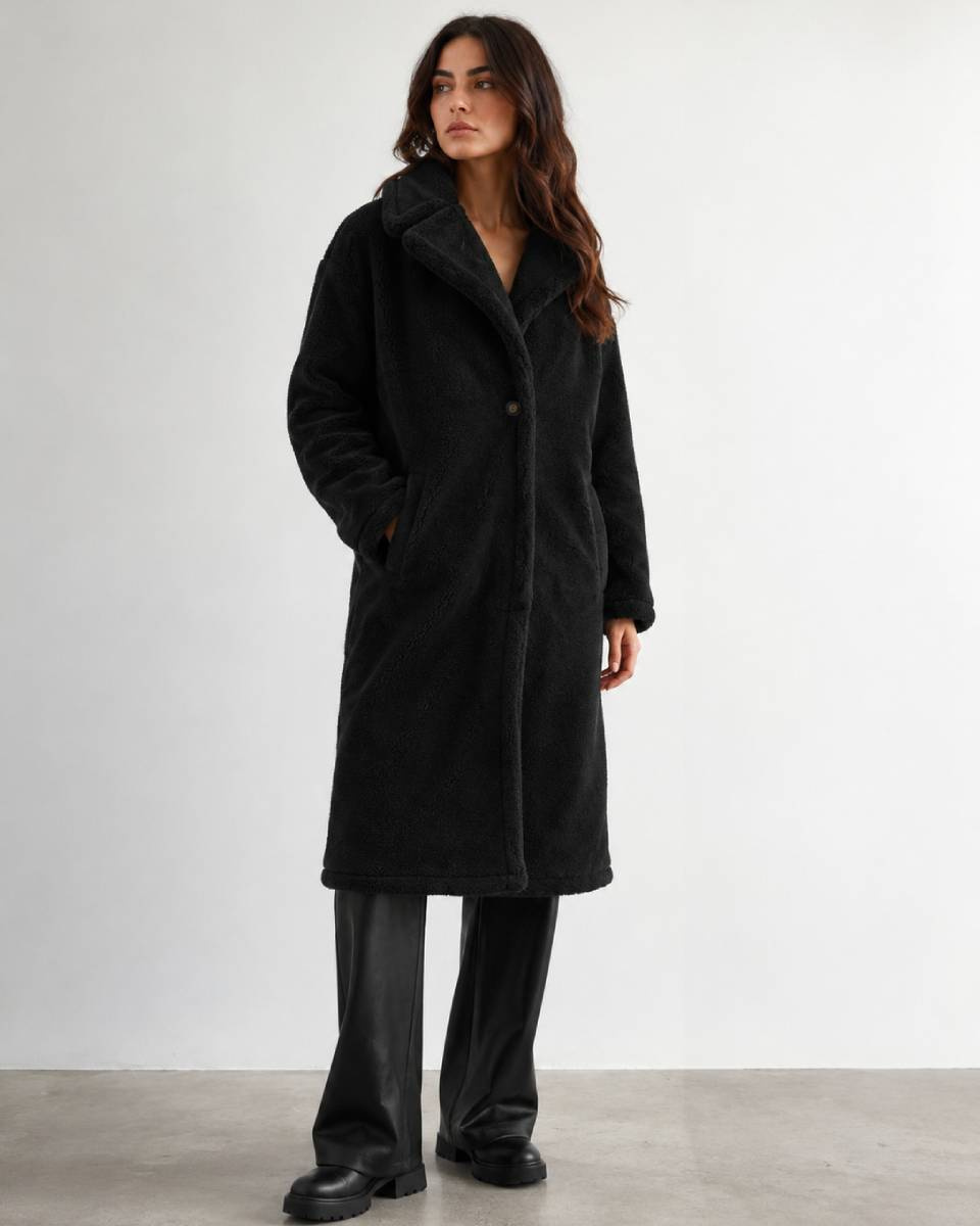 Palton negru pentru femei, tip „baranek”, oversize