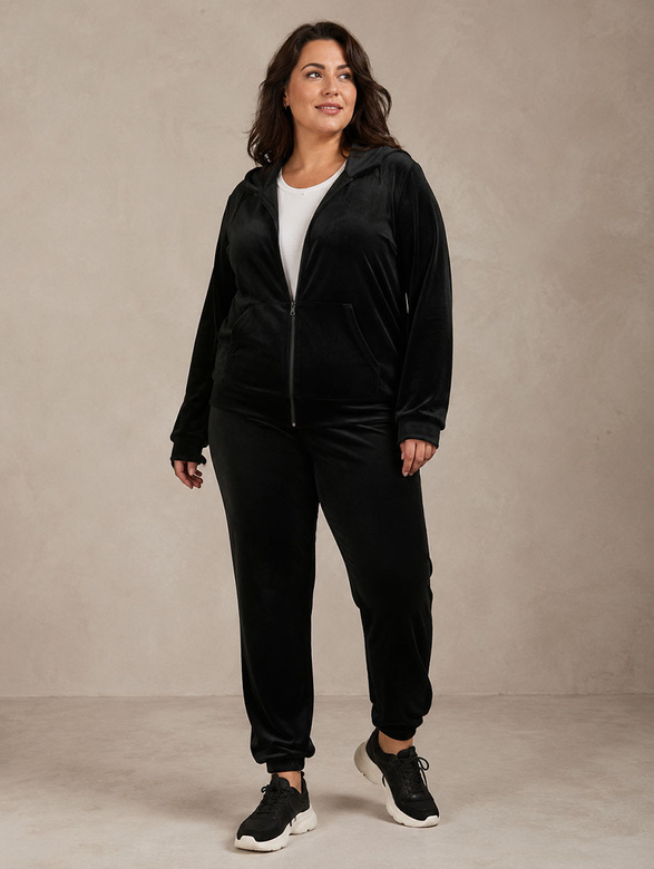 Set plus size: hanorac + pantaloni de trening din velur negru