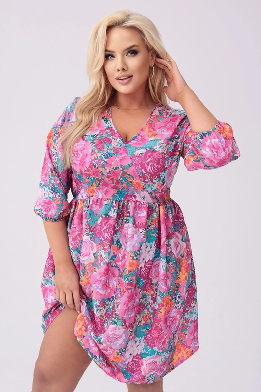 Rochie plus size cu imprimeu floral fucsia