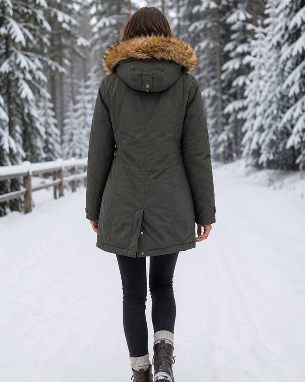 Parka de iarnă de culoare kaki, cu glugă și blană detașabilă