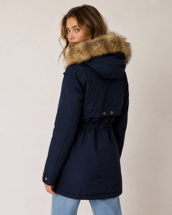 Jachetă de iarnă tip parka reversibilă, în culorile bleumarin și roz, cu glugă și blană detașabilă