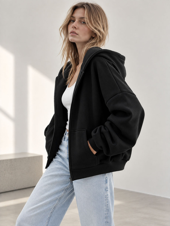 Hanorac oversize de damă cu glugă, de culoare negru