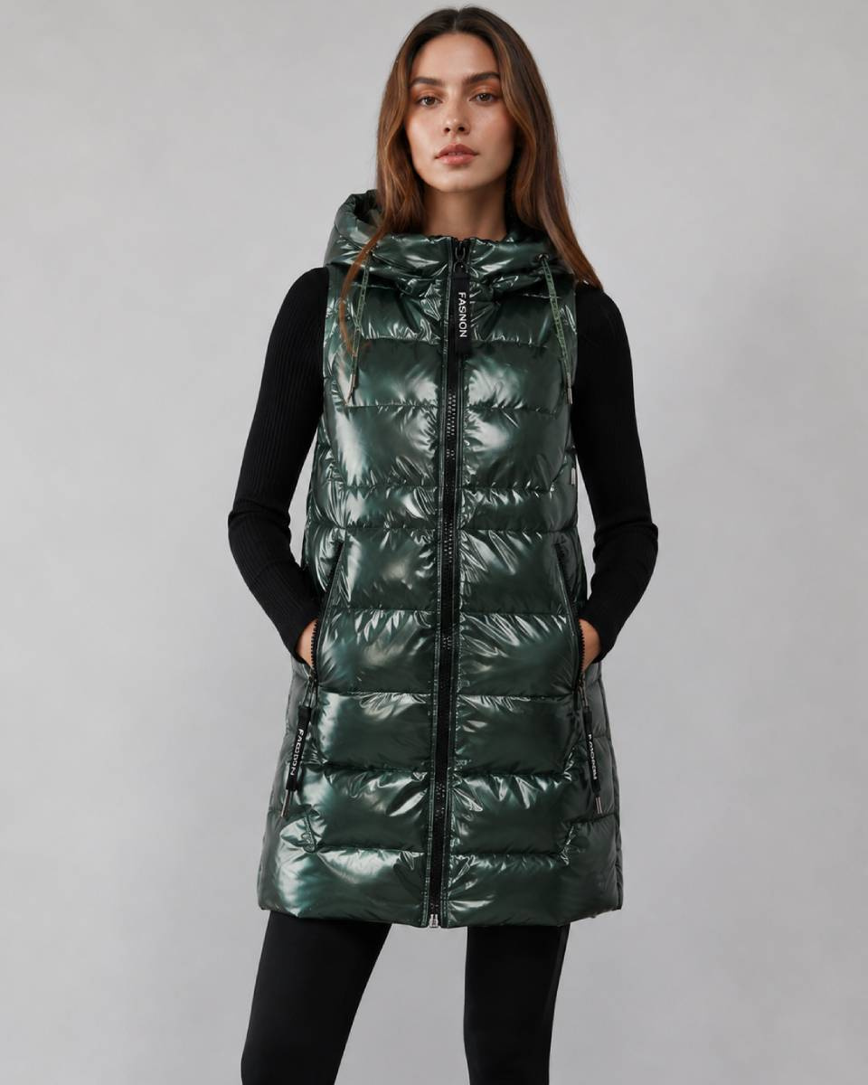 Vestă lucioasă de damă cu glugă, verde