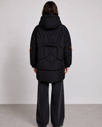Jachetă neagră tip puffer, oversize, cu glugă