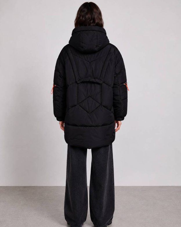 Jachetă neagră tip puffer, oversize, cu glugă