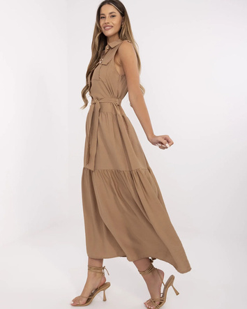Rochie lungă, fără mâneci, de culoare bej închis