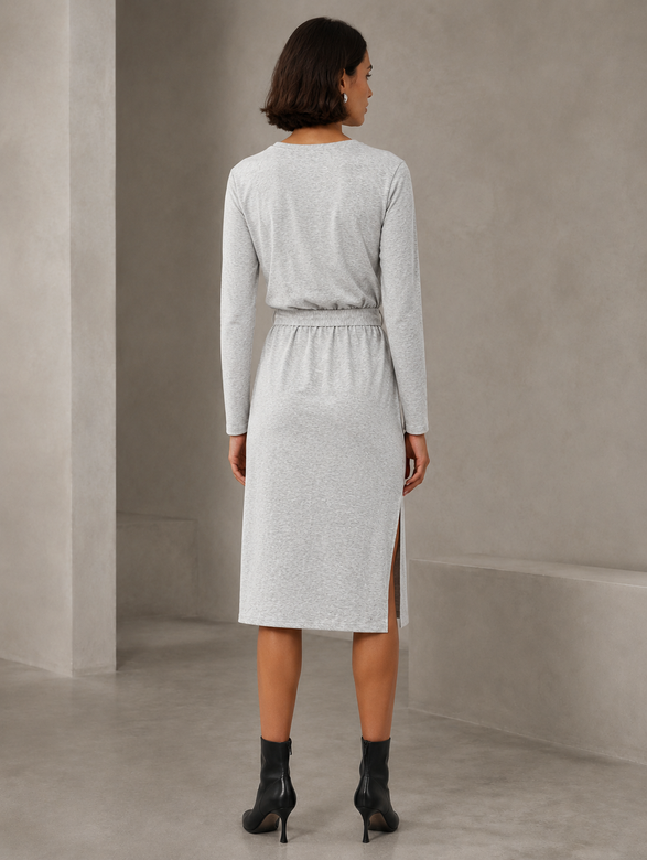 Rochie clasică din bumbac, cu mâneci lungi, de culoare gri
